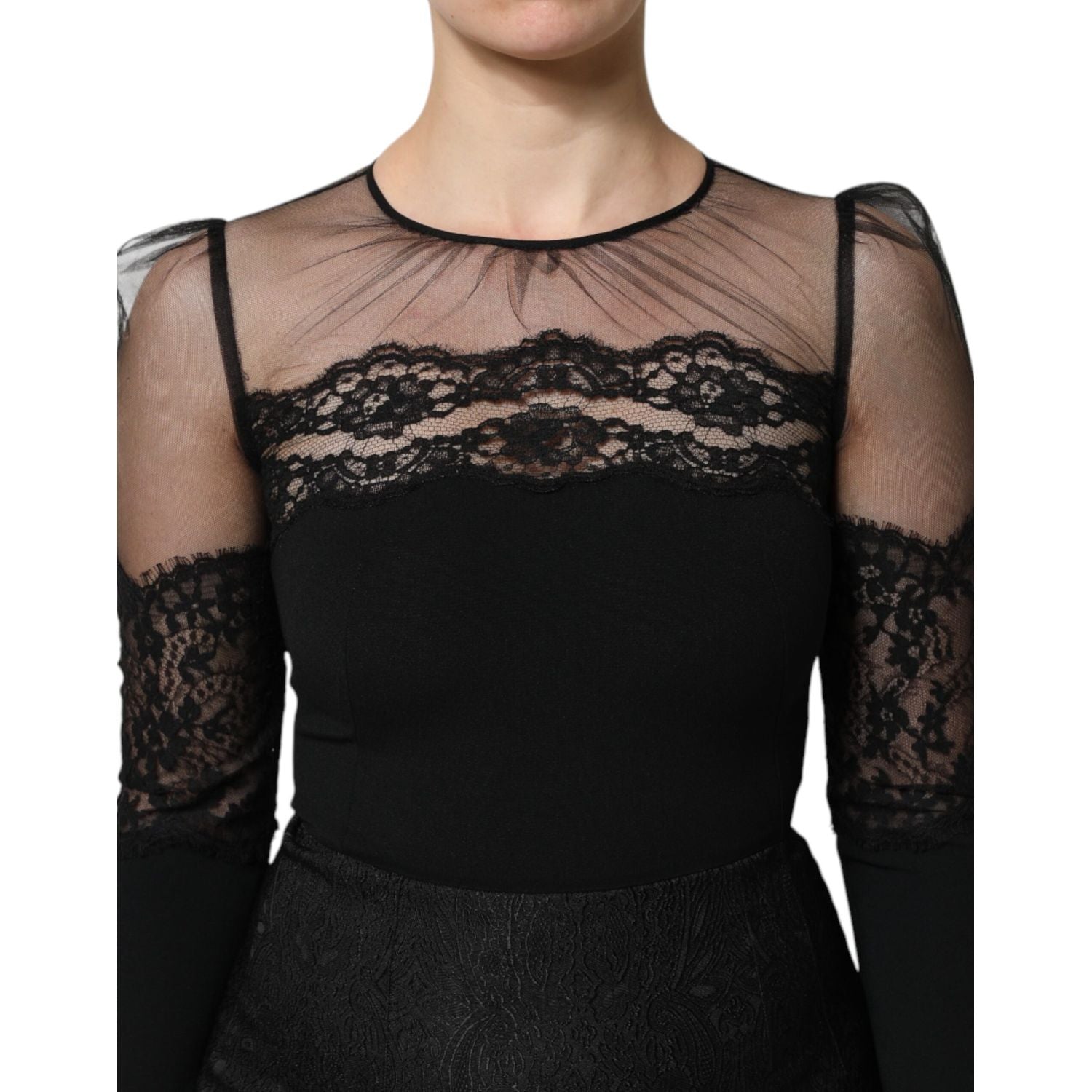 Dolce & Gabbana Black Lace Trim Nylon Tulle Sheath Midi Dress