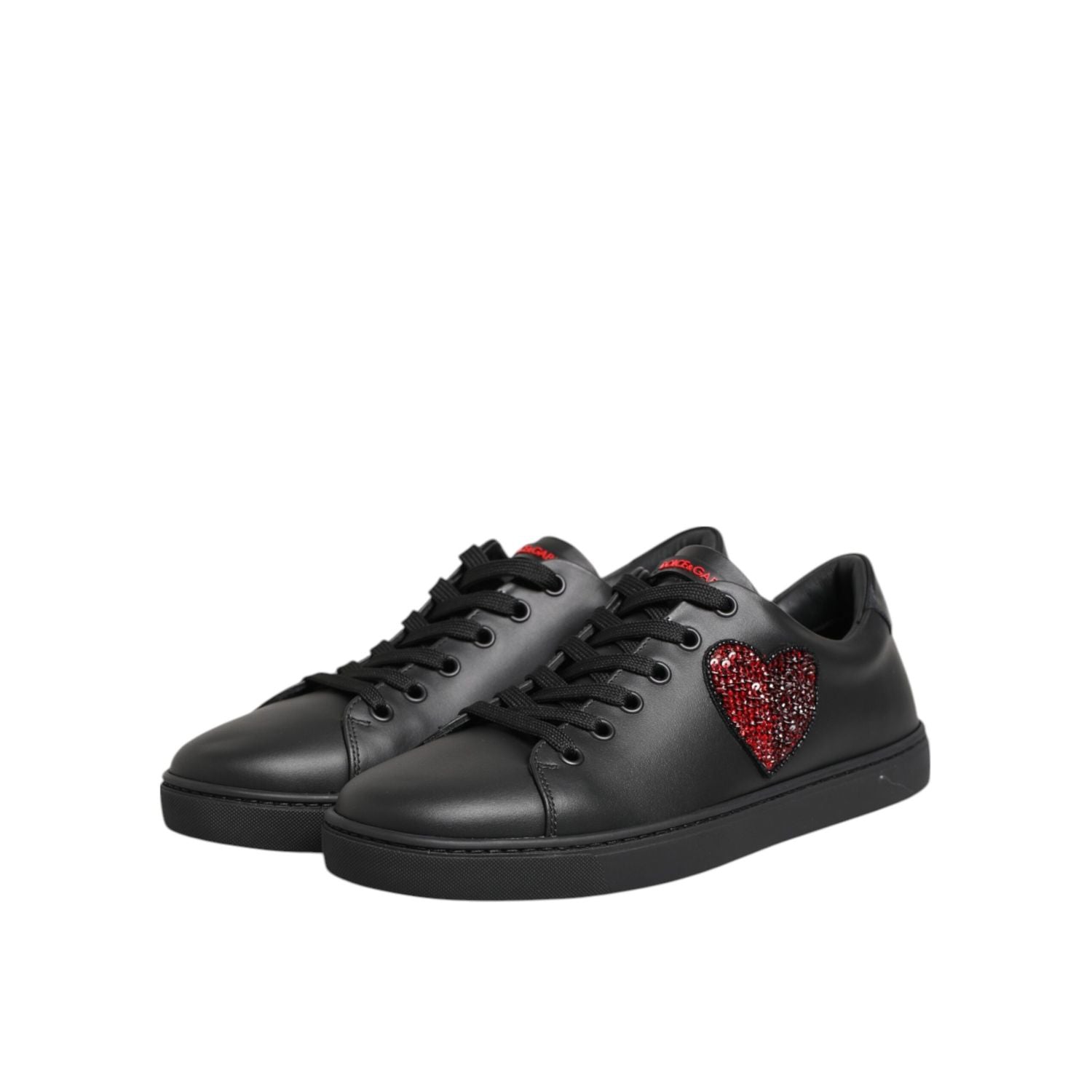 Dolce & Gabbana Black Leather Crystal Heart Low Top Sneakers  Shoes