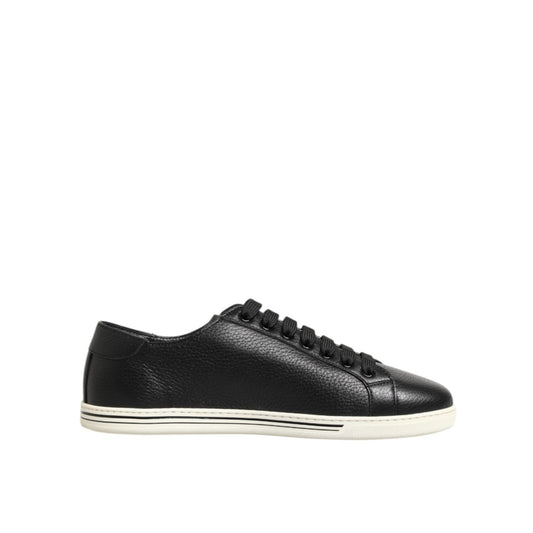 Dolce & Gabbana Black Leather Lace Up Low Top Sneakers Shoes with rubber sole and logo detail, made in Italy.