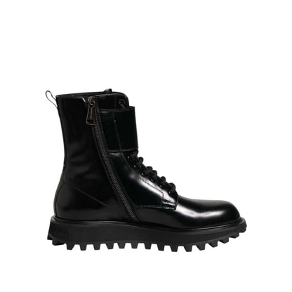Dolce & Gabbana Black Leather Lace Up Mid Calf Boots Shoes with zipper detail, crafted in Italy, showcasing luxurious calf leather.