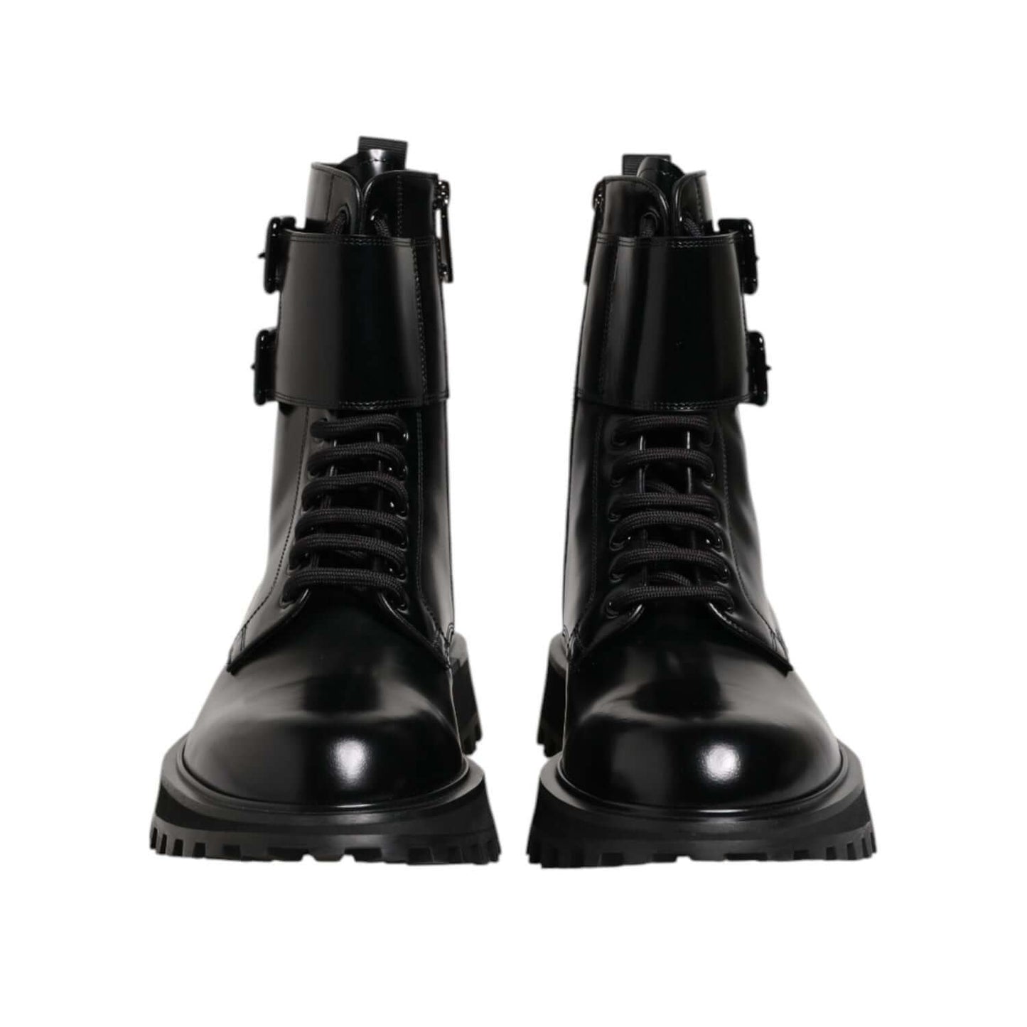 Dolce & Gabbana Black Leather Lace Up Mid Calf Boots Shoes, elegant Italian craftsmanship.