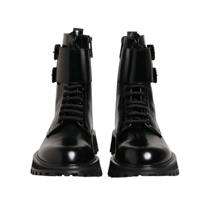Dolce & Gabbana Black Leather Lace Up Mid Calf Boots Shoes, elegant Italian craftsmanship.