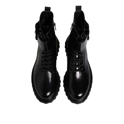 Dolce & Gabbana Black Leather Lace Up Mid Calf Boots Shoes, featuring high craftsmanship and logo details, leather outer sole.