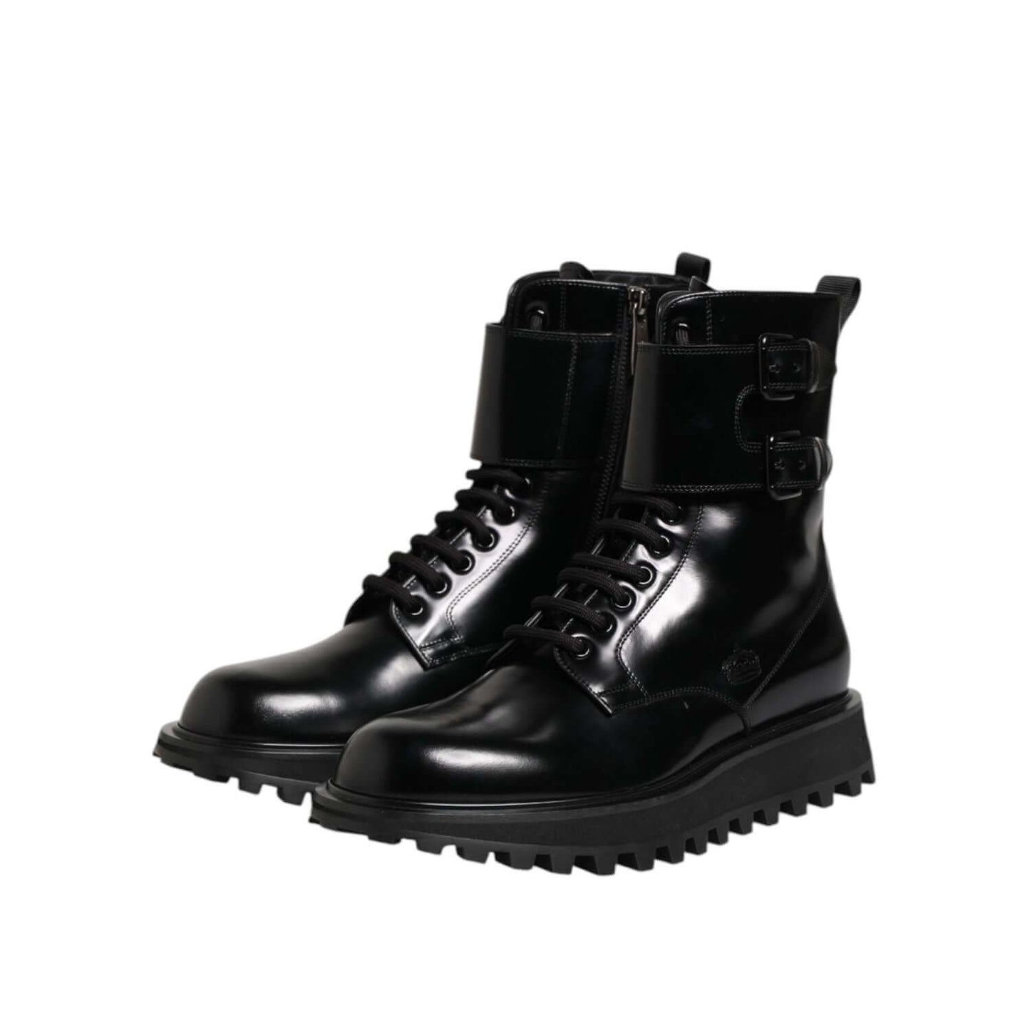 Dolce & Gabbana Black Leather Lace Up Mid Calf Boots Shoes with logo details, made in Italy. High craftsmanship genuine calf leather boots.