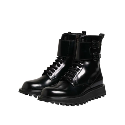 Dolce & Gabbana Black Leather Lace Up Mid Calf Boots Shoes with logo details, made in Italy. High craftsmanship genuine calf leather boots.