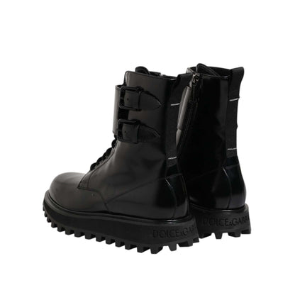 Dolce & Gabbana Black Leather Lace Up Mid Calf Boots Shoes with logo detail and lace up closure, made in Italy.