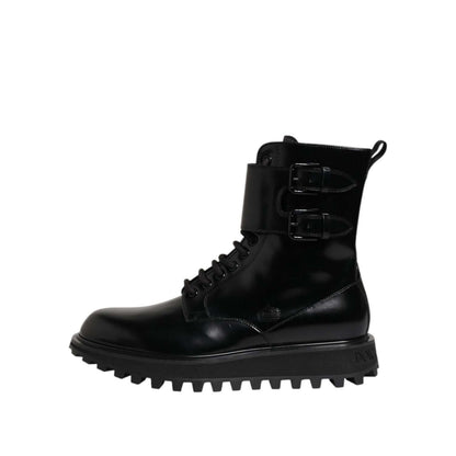 Dolce & Gabbana Black Leather Lace Up Mid Calf Boots Shoes, men's luxury footwear, made in Italy, with logo and exclusive design.
