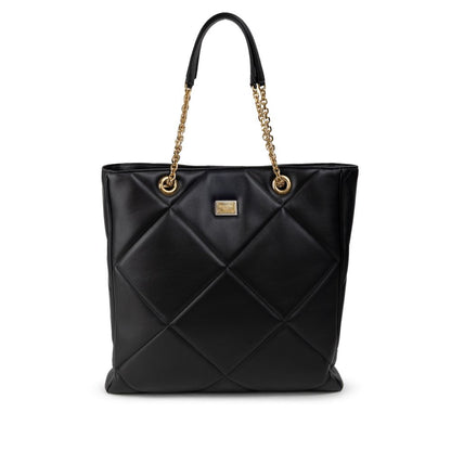 Dolce & Gabbana Black Leather Matelassé Tote Bag with gold chains, snap closure, and logo tag on front.