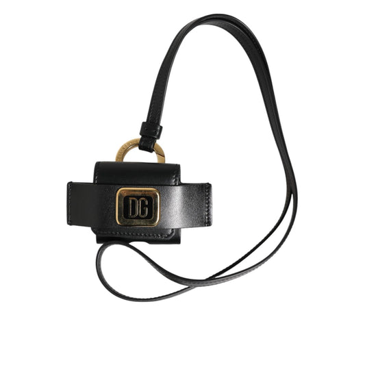 Dolce & Gabbana Black Leather Strap Gold Metal DG Logo Plaque Airpods Case