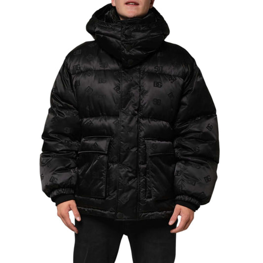Dolce & Gabbana Black Monogram Logo Puffer Nylon Hooded Jacket