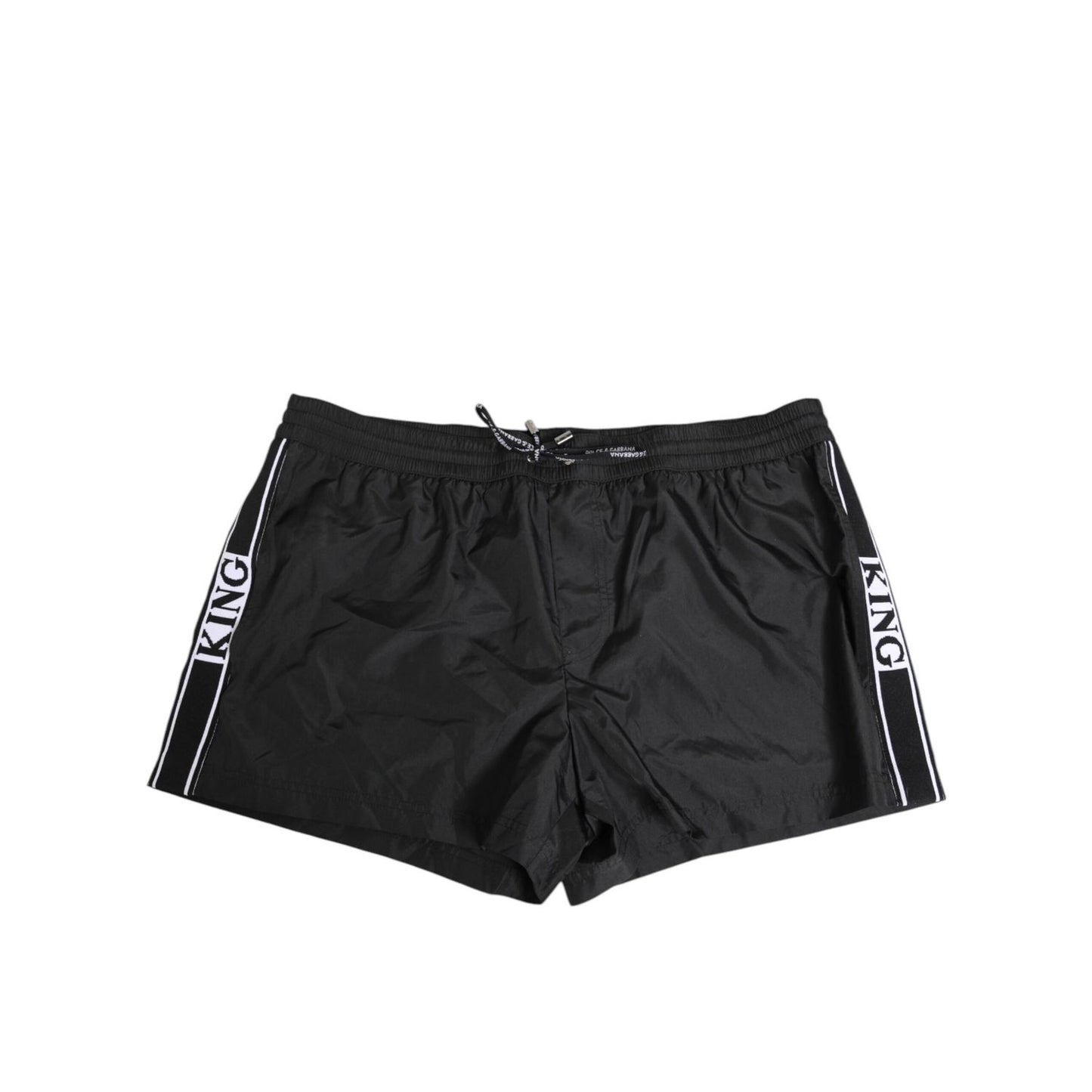 Dolce & Gabbana Black Nylon KING Sideband Men Boxer Shorts Swimwear with elastic waistband and drawstring closure.