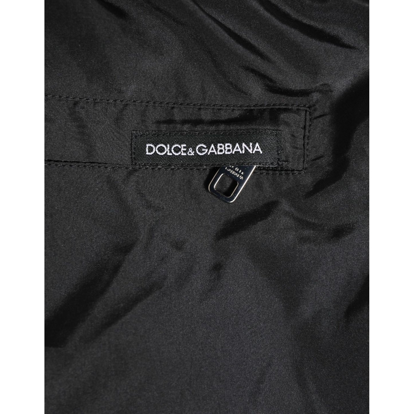 Dolce & Gabbana Black Nylon KING Sideband Men Boxer Shorts Swimwear with logo detail close-up.
