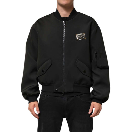 Dolce & Gabbana Black Polyester Logo Plaque Bomber Jacket