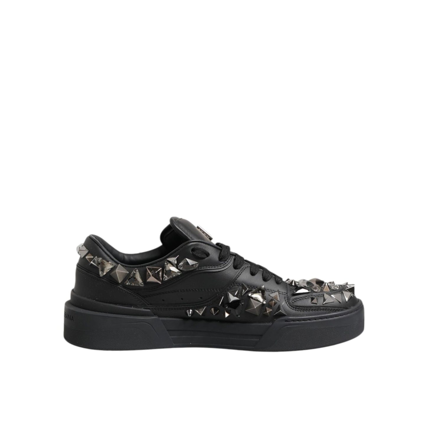 Dolce & Gabbana Black Portofino Studded Men Sneakers Shoes with black leather and silver studded detailing, side view.