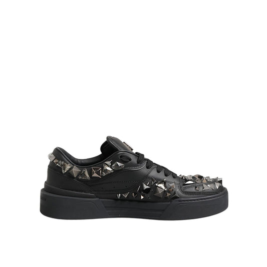 Dolce & Gabbana Black Portofino Studded Men Sneakers Shoes with black leather and silver studded detailing, side view.