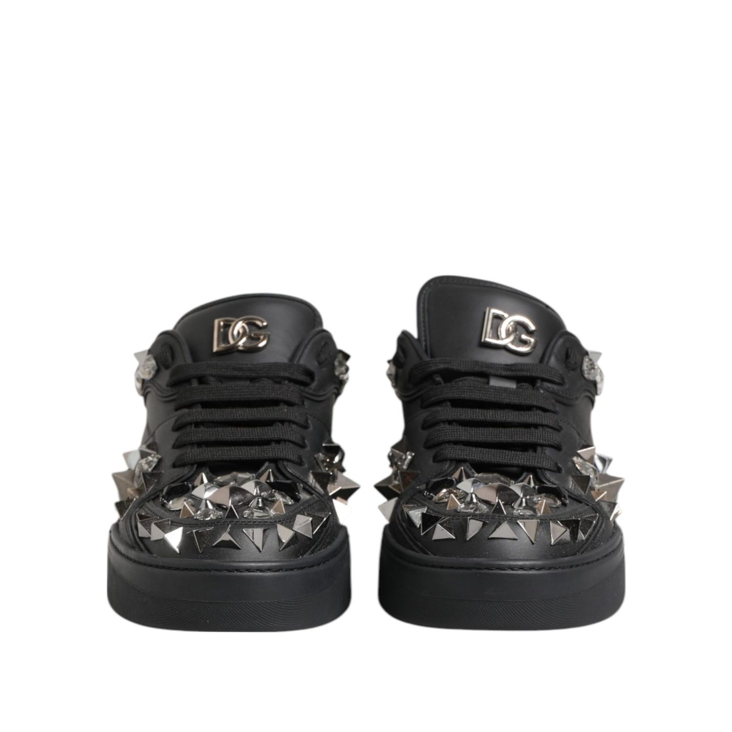 Dolce & Gabbana Black Portofino Studded Men Sneakers Shoes featuring leather and studded design with lace-up closure.