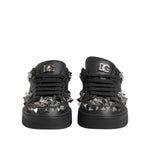Dolce & Gabbana Black Portofino Studded Men Sneakers Shoes featuring leather and studded design with lace-up closure.