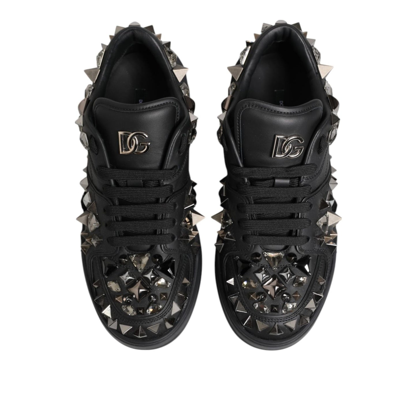 Dolce & Gabbana Black Portofino Studded Men Sneakers Shoes in leather with studs, logo detail, and lace-up closure, top view.