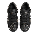 Dolce & Gabbana Black Portofino Studded Men Sneakers Shoes in leather with studs, logo detail, and lace-up closure, top view.