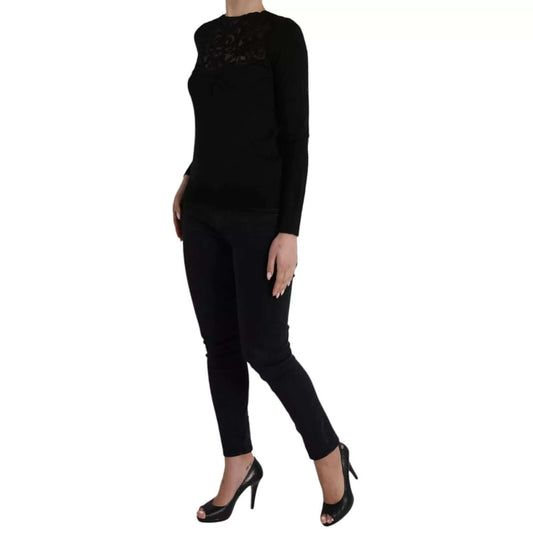 Dolce & Gabbana Black Silk Lace Trim Long Sleeves Blouse Top