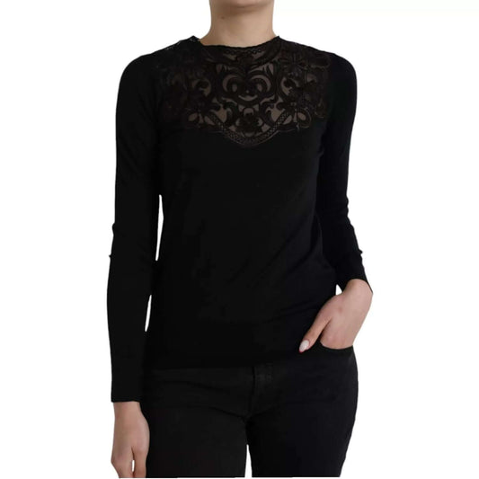 Dolce & Gabbana Black Silk Lace Trim Long Sleeves Blouse Top