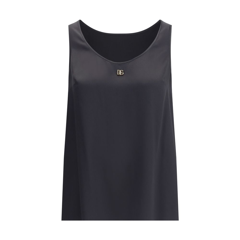 Dolce & Gabbana Black Silk Top with logo plaque, elegant sleeveless design, AW25 collection, 100% silk for a refined and luminous texture.