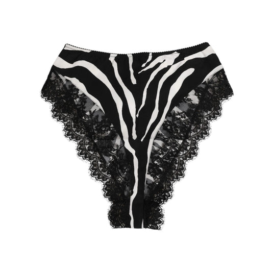 Dolce & Gabbana Black Silk Zebra Print Lace High Waist Underwear