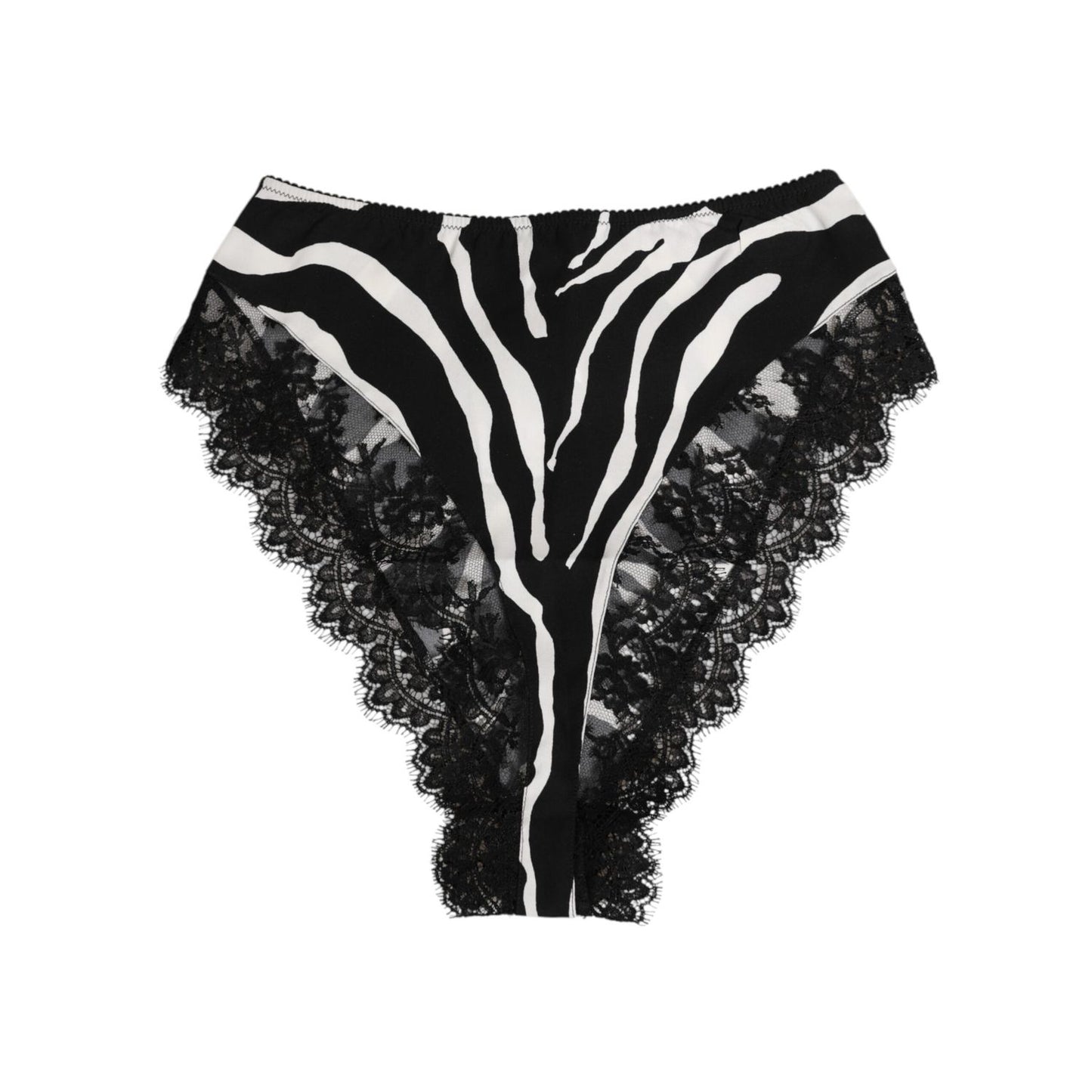 Dolce & Gabbana Black Silk Zebra Print Lace High Waist Underwear with delicate lace detailing and exotic zebra print accents.