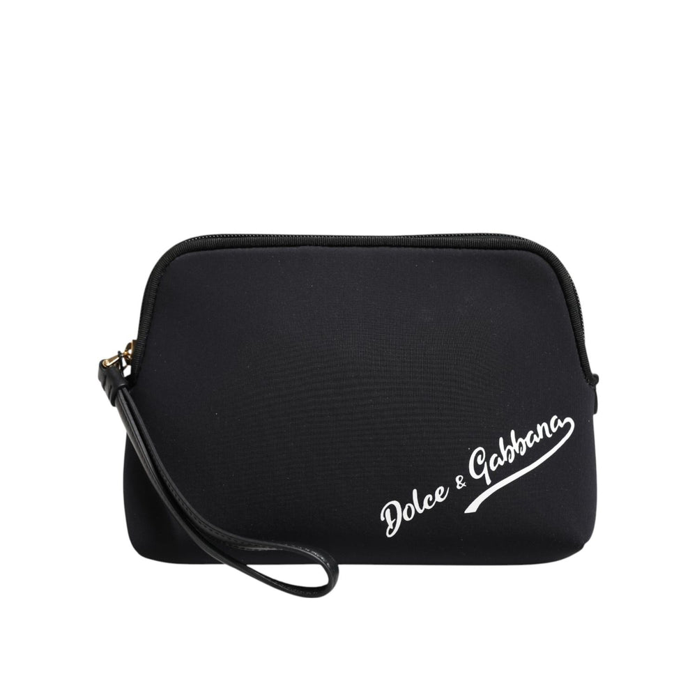 Dolce & Gabbana Black Solid Nylon DG LogoPrint Clutch Zip Borse Pouch Bag with wrist strap and gold-tone hardware.