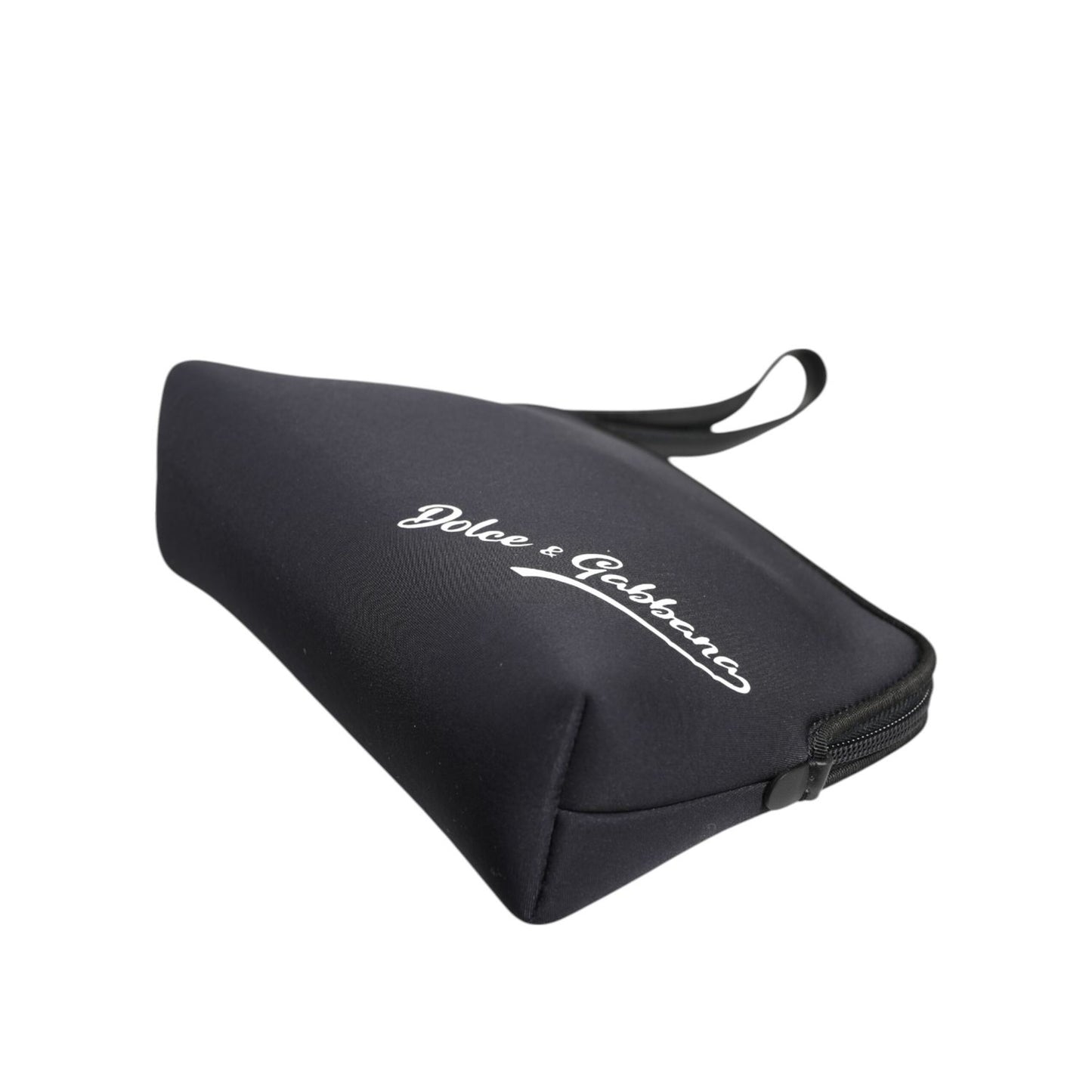 Dolce & Gabbana Black Solid Nylon DG LogoPrint Clutch Zip Borse Pouch Bag with wrist strap and leopard lining, made in Italy.