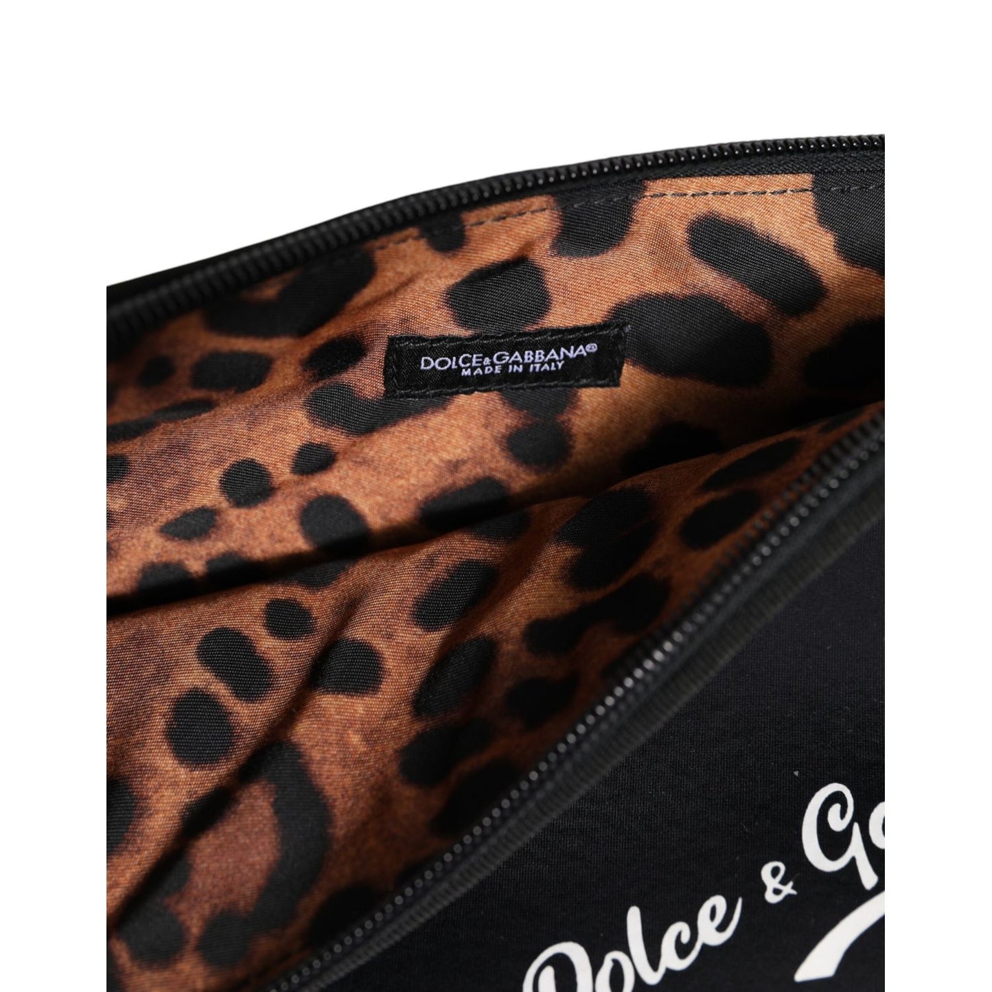 Dolce & Gabbana Black Solid Nylon DG LogoPrint Clutch Zip Borse Pouch Bag with leopard fabric lining and zipper detail