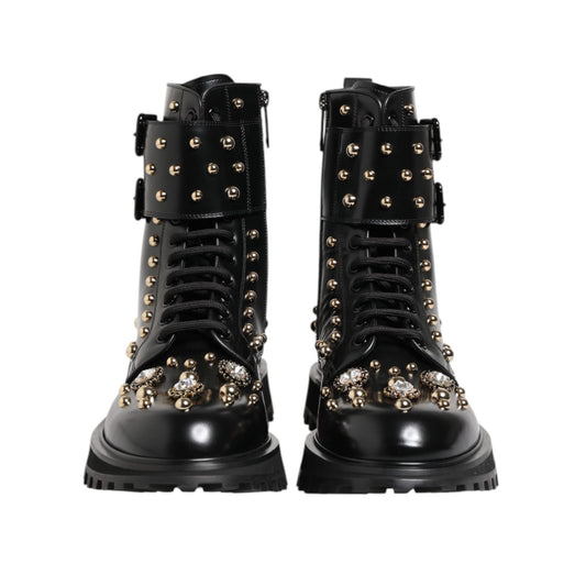 Dolce & Gabbana Black Studded Lace Up Mid Calf Boots Shoes