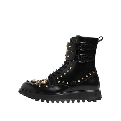 Dolce & Gabbana Black Studded Lace Up Mid Calf Boots Shoes