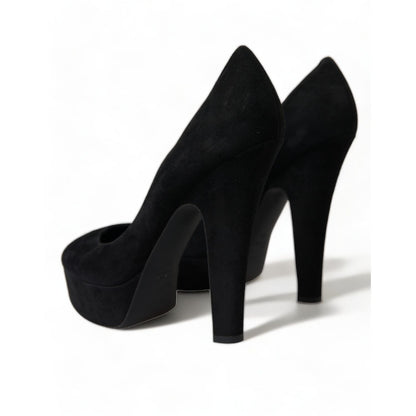 Dolce & Gabbana Black Suede Leather Platform Heel Pumps Shoes