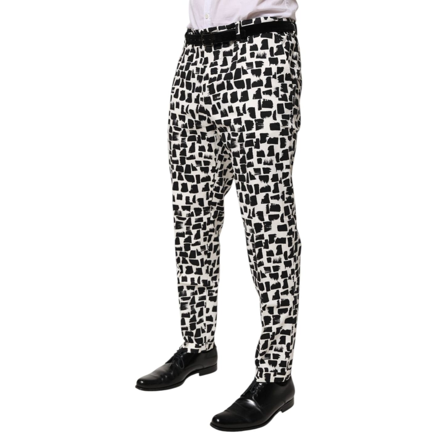 Dolce & Gabbana Black White Abstract Print Cotton Blend Pants with tailored fit and premium craftsmanship, men's fashion trousers.