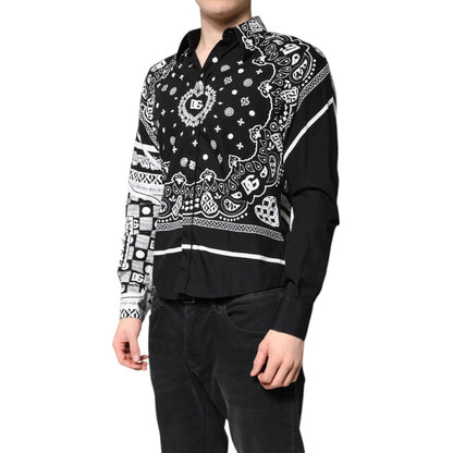 Dolce & Gabbana Black White Bandana MARTINI Casual Shirt with button-down closure, featuring logo details, slim fit, made in Italy.