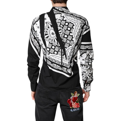 Man wearing Dolce & Gabbana Black White Bandana MARTINI Casual Shirt, rear view, showing bandana pattern and full sleeves