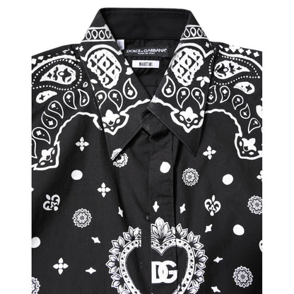 Dolce & Gabbana Black White Bandana MARTINI Casual Shirt with button closure, long sleeves, and exclusive print.