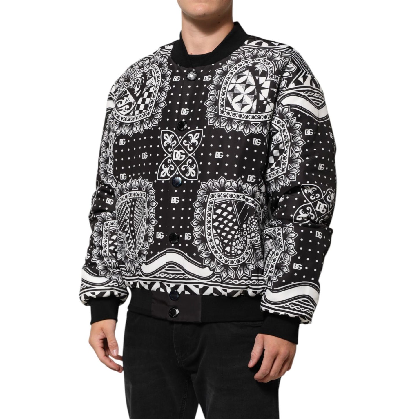 Dolce & Gabbana Black White Bandana Print Bomber Jacket, stylish blouson with ribbed trims and button closure for modern streetwear look.