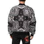 Model wearing Dolce & Gabbana Black White Bandana Print Bomber Jacket with intricate patterns, showcasing the back design.