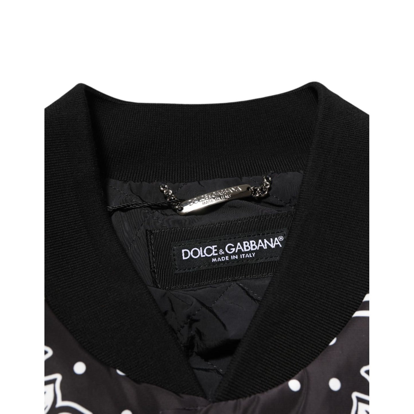 Dolce & Gabbana Black White Bandana Print Bomber Jacket collar detail with brand label and ribbed design