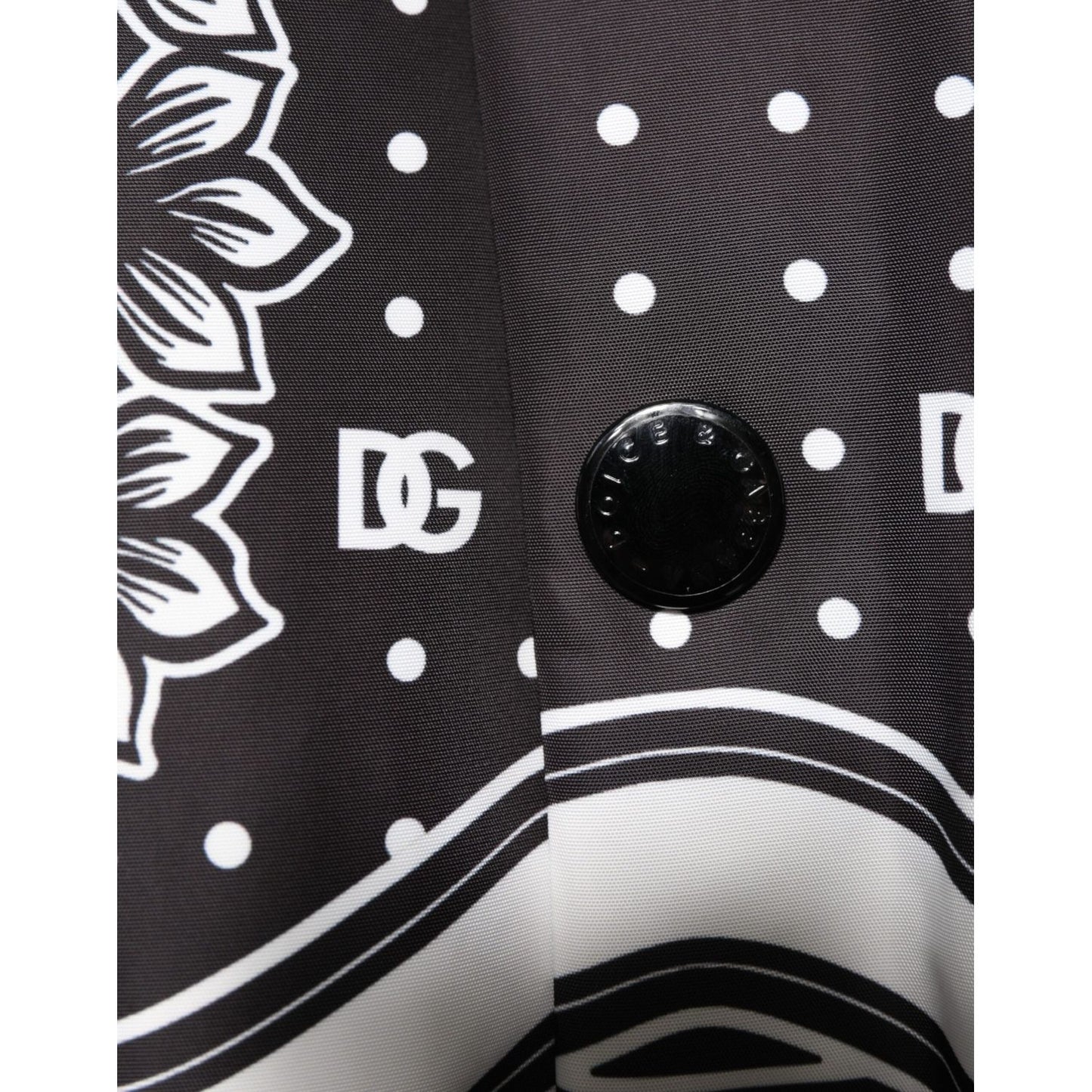 Close-up of the Dolce & Gabbana Black White Bandana Print Bomber Jacket highlighting bandana pattern and detail.