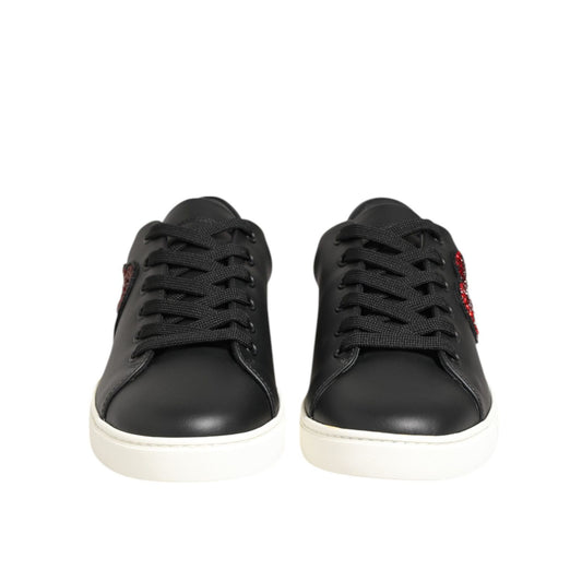 Dolce & Gabbana Black White Leather Crystal Heart Sneakers Shoes with red crystal heart on black leather