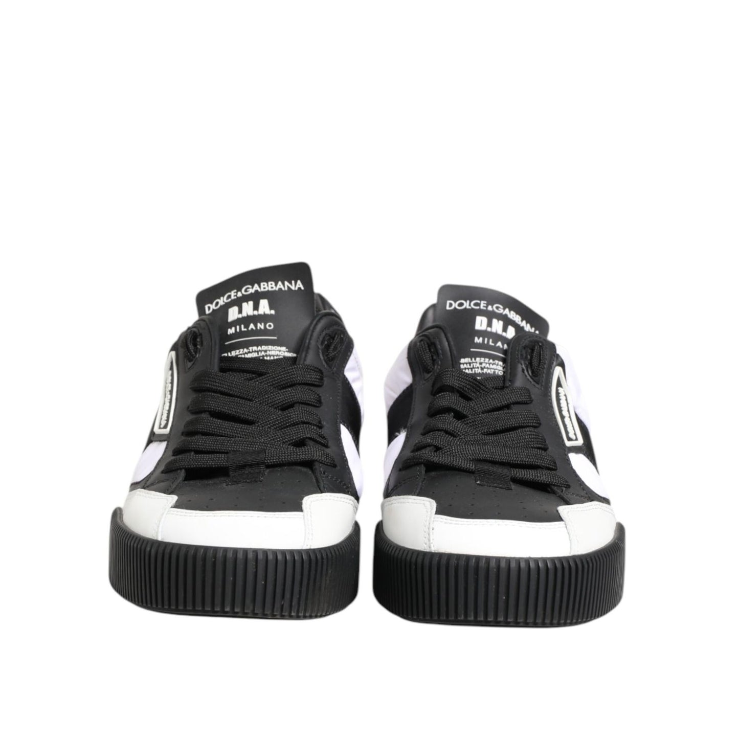 Dolce & Gabbana Black White Leather MIAMI Low Top Sneakers Shoes, stylish sneakers with lace-up closure, front view.