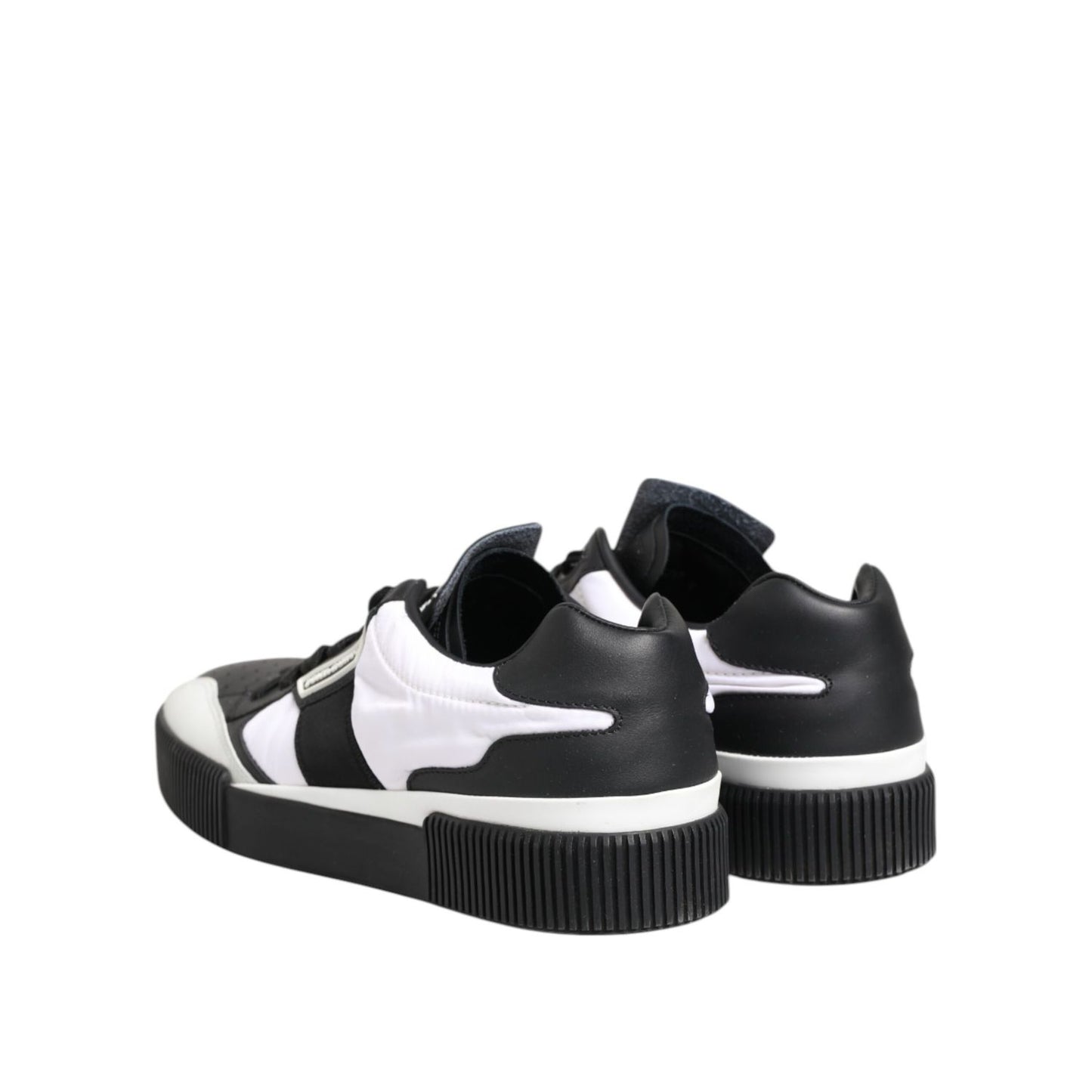 Dolce & Gabbana Black White Leather MIAMI Low Top Sneakers Shoes rear view display.