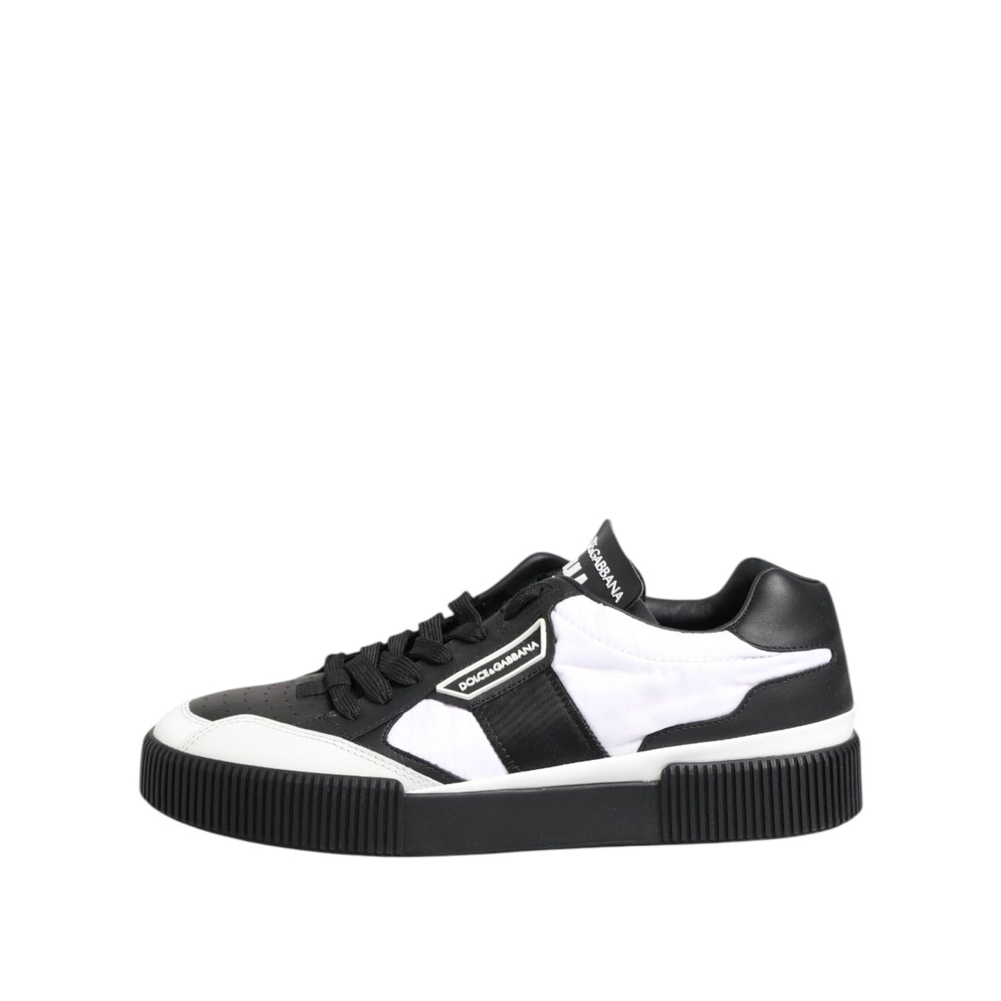 Dolce & Gabbana Black White Leather MIAMI Low Top Sneakers Shoes, stylish and modern casual footwear, side view.