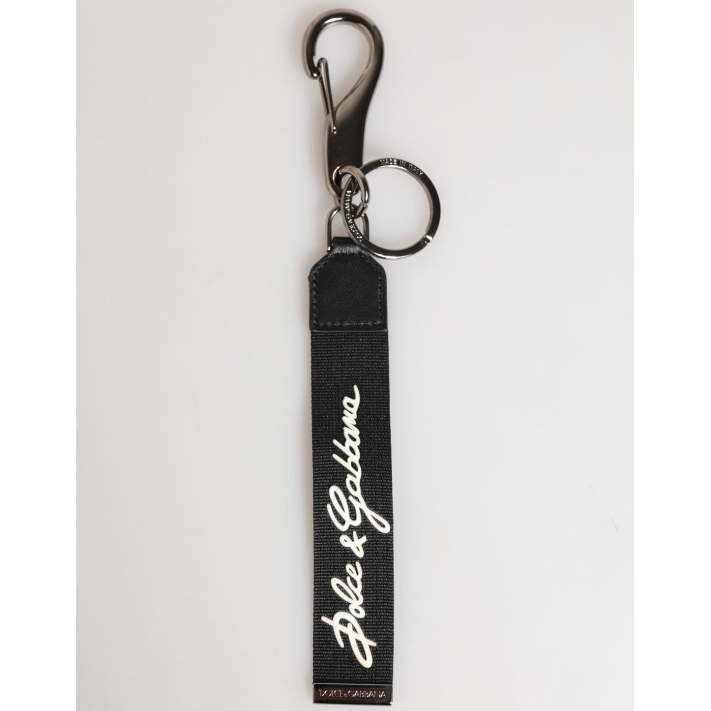 Dolce & Gabbana Black White Polyester DG Logo Silver Men Keychain Keyring with sleek design and logo details.