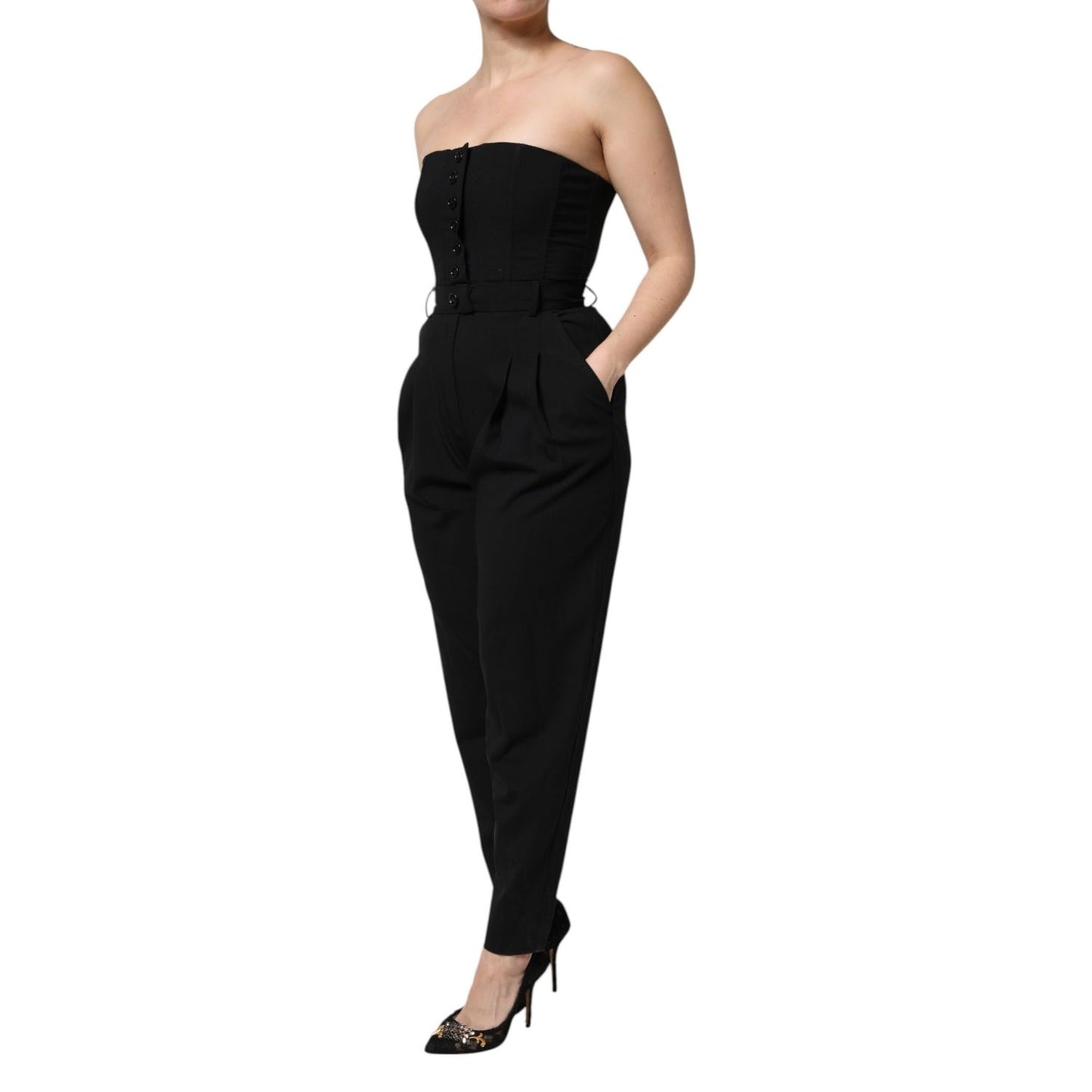Dolce & Gabbana Black Wool Strapless Romper Jumpsuit Dress, made in Italy, featuring luxurious craftsmanship, zipper closure, and logo details.