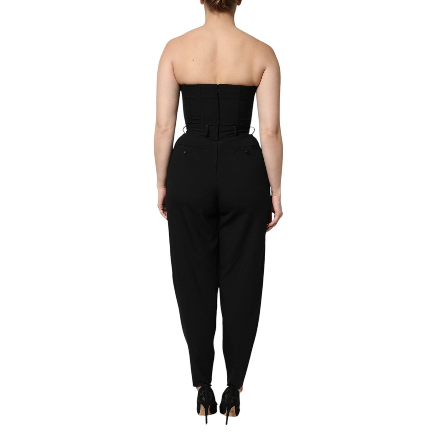 Back view of Dolce & Gabbana Black Wool Strapless Romper Jumpsuit Dress showcasing strapless design and fine tailoring.