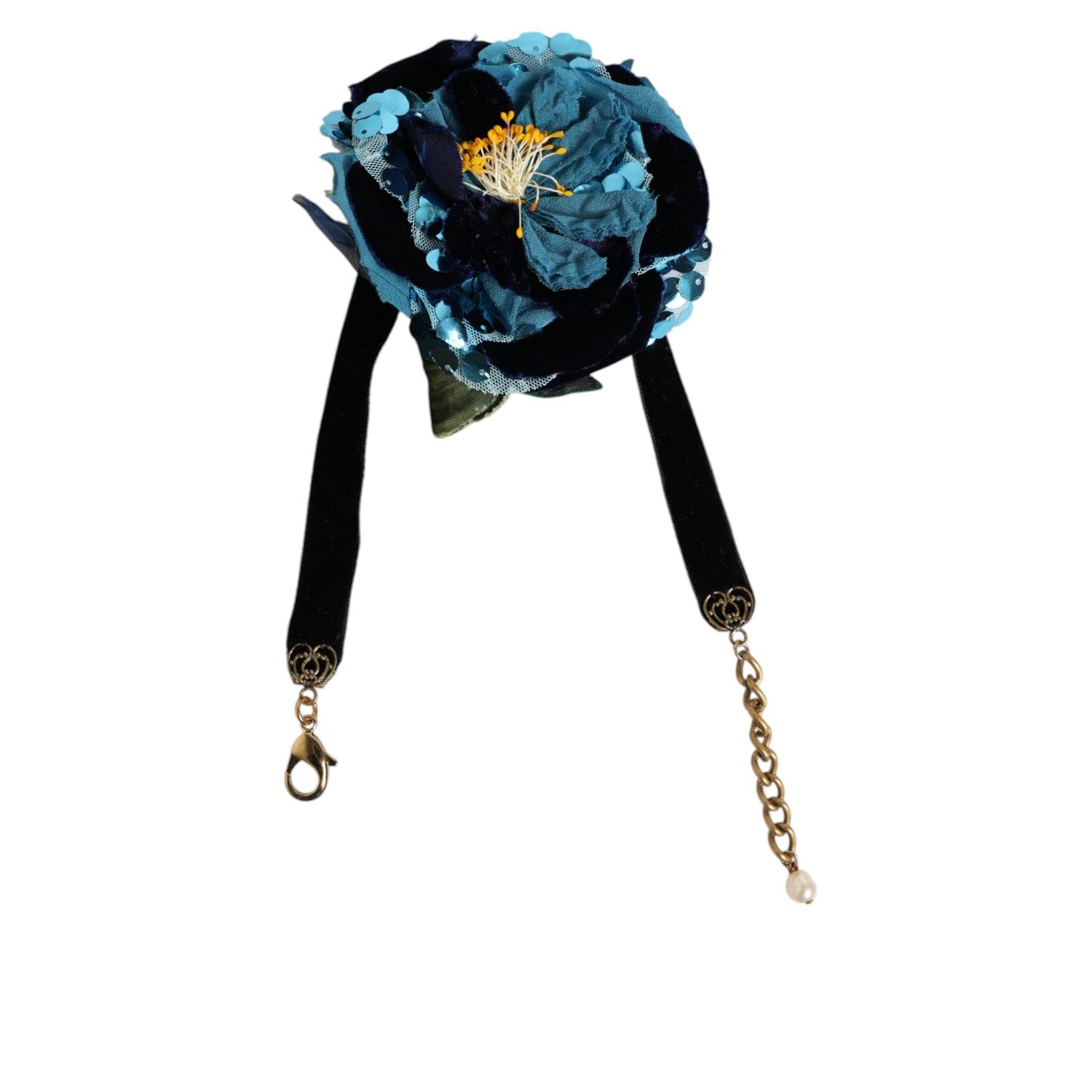 Dolce & Gabbana Blue Floral Appliqué Velvet Choker Crystal Beads Necklace